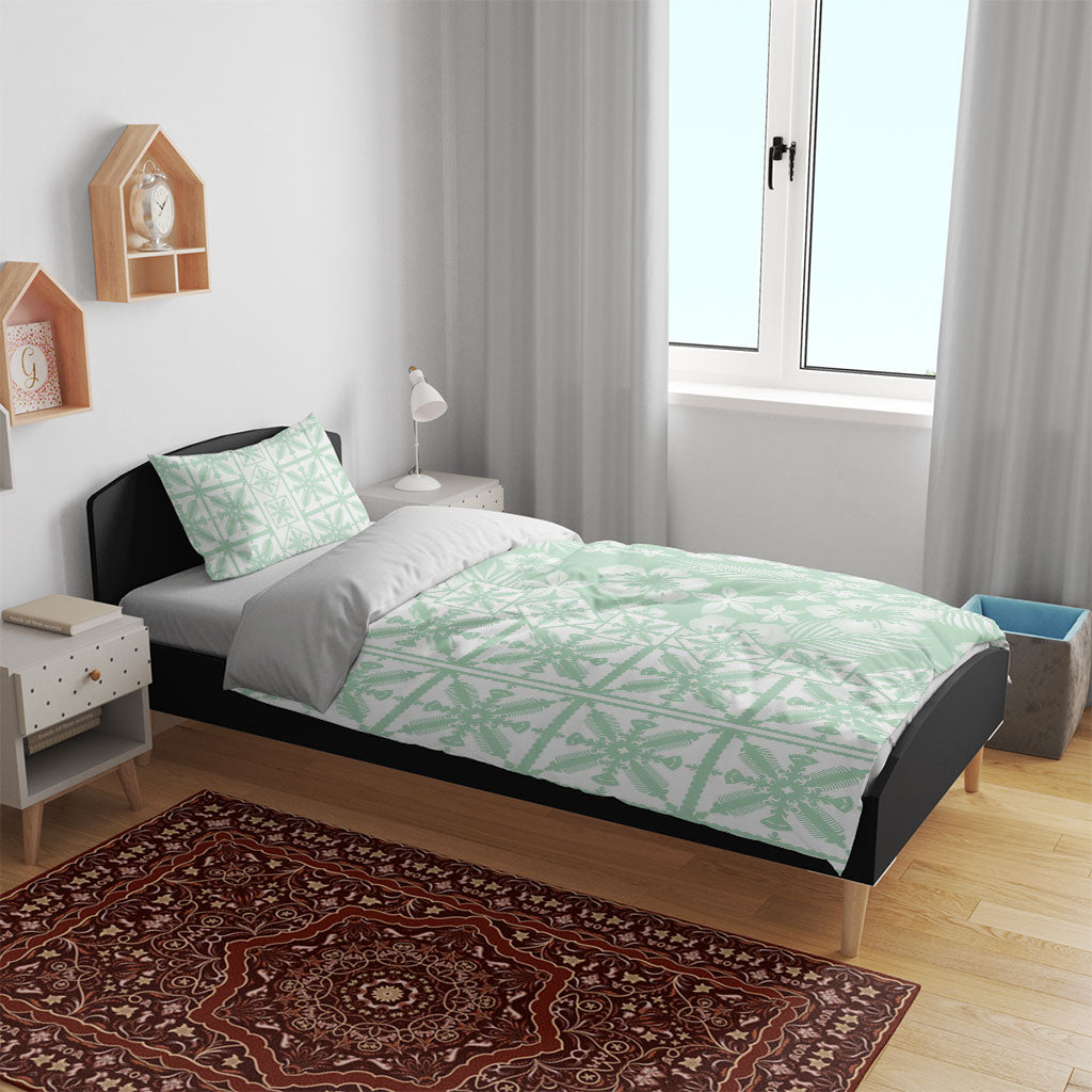 Pastel Green Kahili Quilt Hawaii Bedding Set Tropical Flower Seamless Half Style