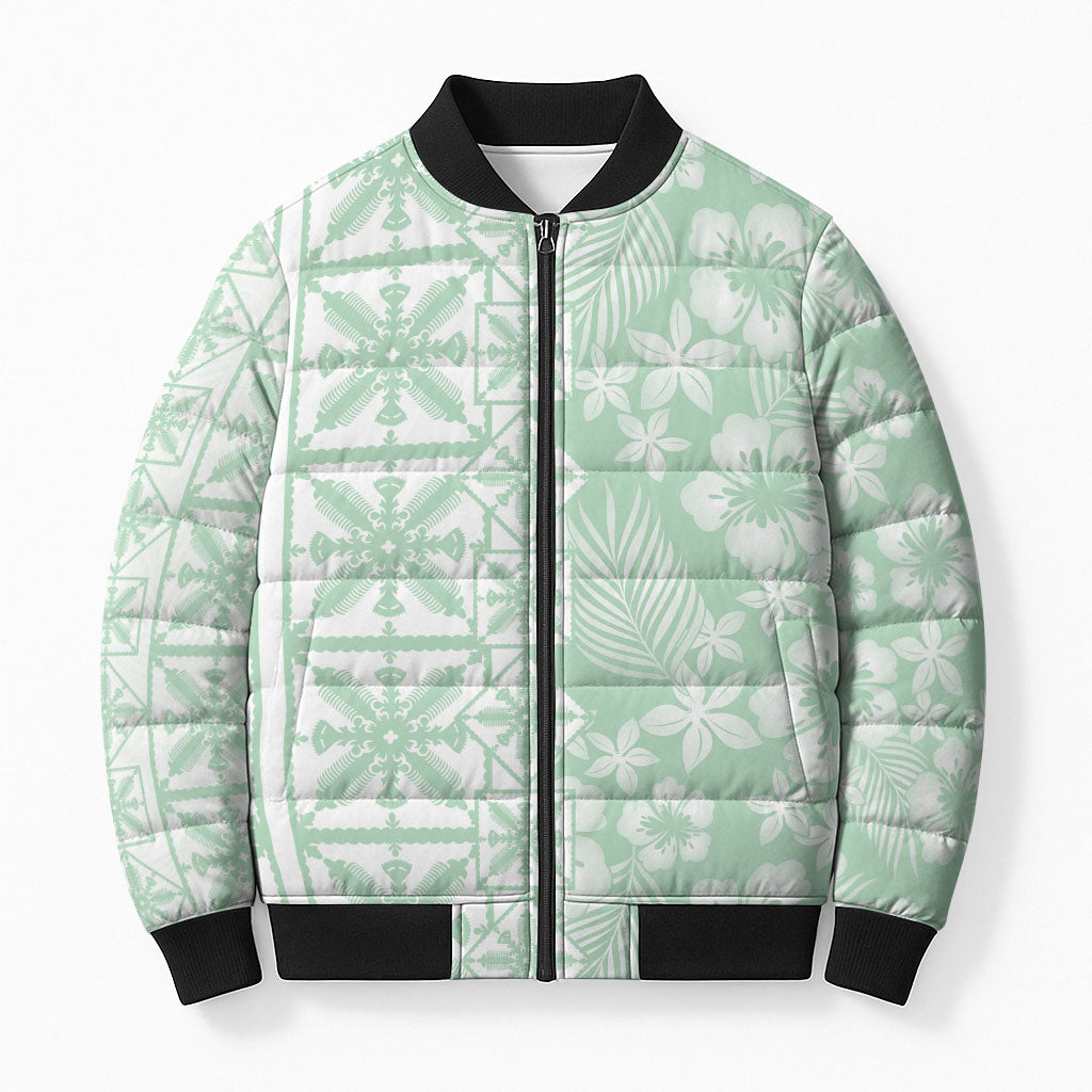 Pastel Green Kahili Quilt Hawaii Bomber Puffer Jacket Tropical Flower Seamless Half Style LT14 Unisex Green - Polynesian Pride