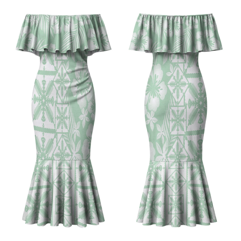 Pastel Green Kahili Quilt Hawaii Couples Matching Mermaid Dress and Hawaiian Shirt Tropical Flower Seamless Half Style LT14 - Polynesian Pride