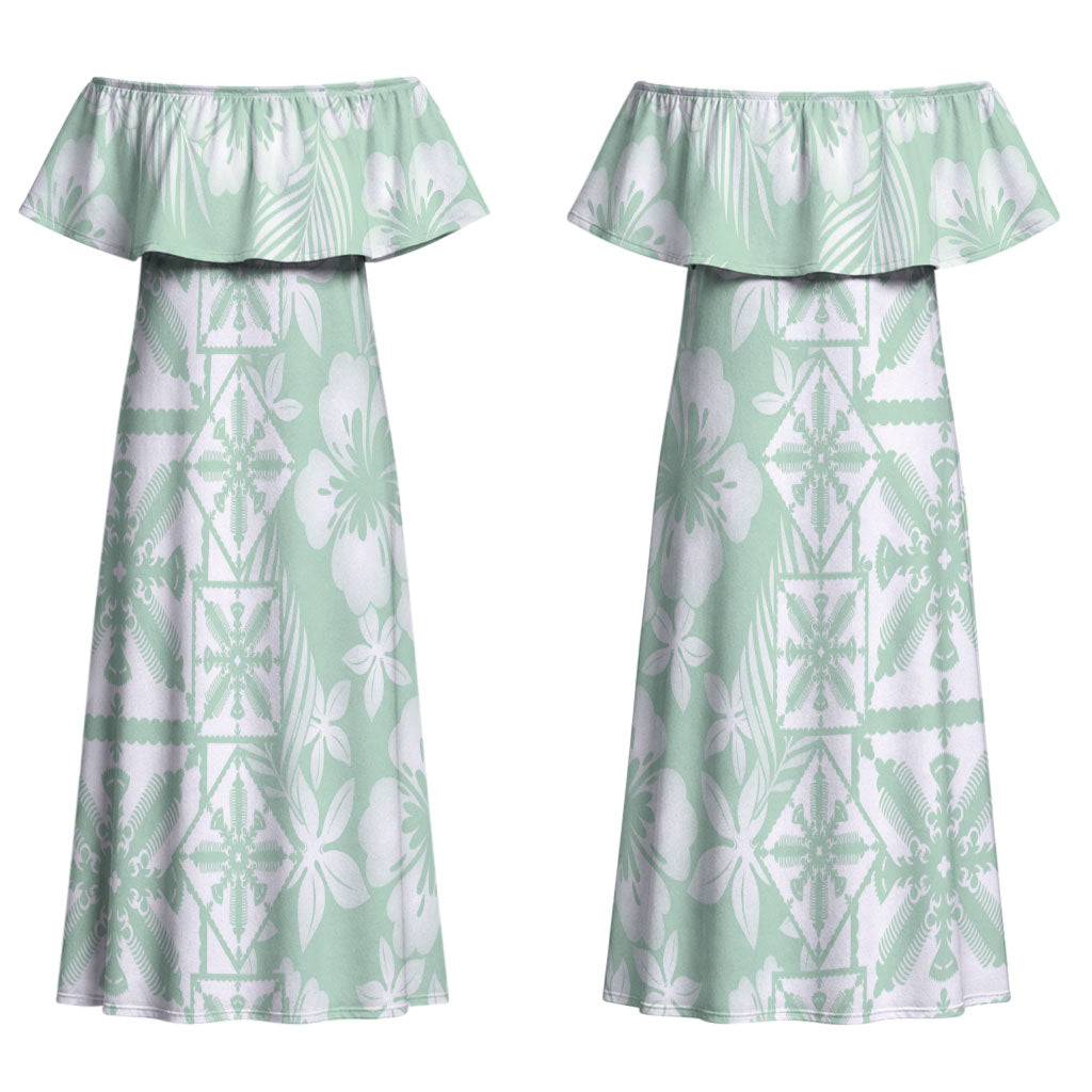 Pastel Green Kahili Quilt Hawaii Couples Matching Off Shoulder Maxi Dress and Hawaiian Shirt Tropical Flower Seamless Half Style LT14 - Polynesian Pride