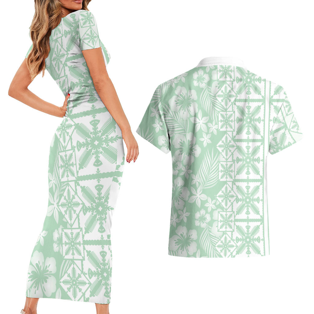 Pastel Green Kahili Quilt Hawaii Couples Matching Short Sleeve Bodycon Dress and Hawaiian Shirt Tropical Flower Seamless Half Style
