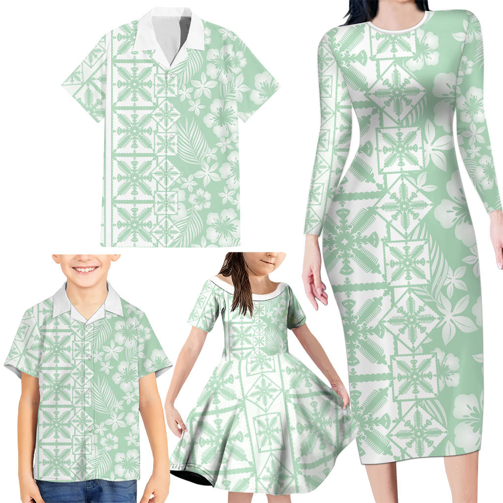 Pastel Green Kahili Quilt Hawaii Family Matching Long Sleeve Bodycon Dress and Hawaiian Shirt Tropical Flower Seamless Half Style LT14 - Polynesian Pride