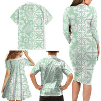 Pastel Green Kahili Quilt Hawaii Family Matching Long Sleeve Bodycon Dress and Hawaiian Shirt Tropical Flower Seamless Half Style LT14 - Polynesian Pride