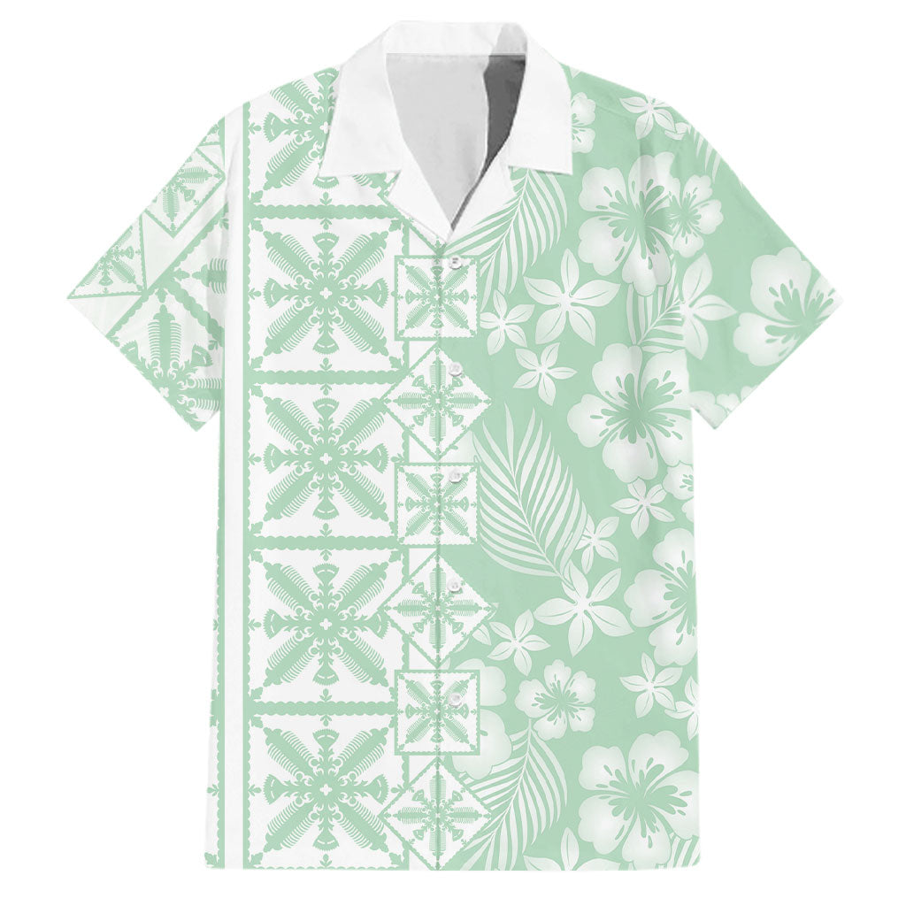 Pastel Green Kahili Quilt Hawaii Family Matching Long Sleeve Bodycon Dress and Hawaiian Shirt Tropical Flower Seamless Half Style LT14 Dad's Shirt - Short Sleeve Green - Polynesian Pride