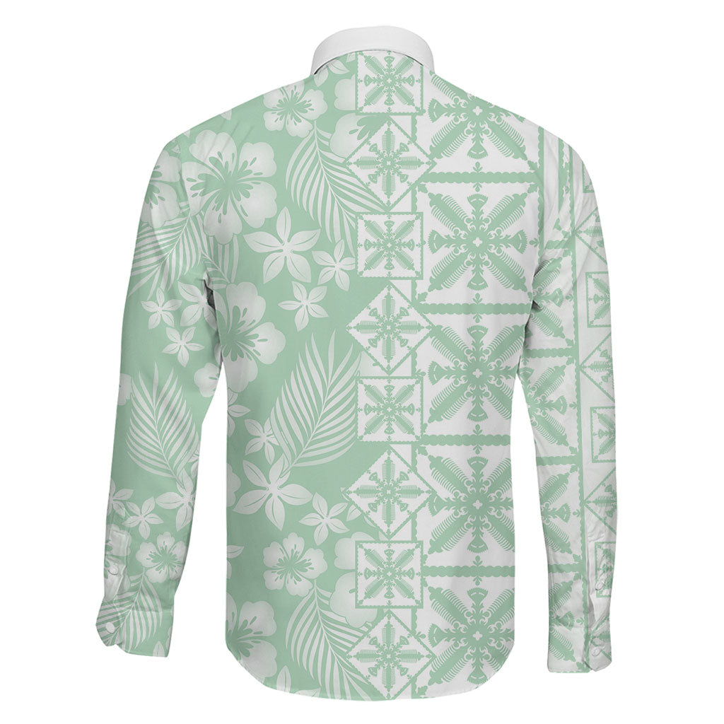 Pastel Green Kahili Quilt Hawaii Family Matching Long Sleeve Bodycon Dress and Hawaiian Shirt Tropical Flower Seamless Half Style LT14 - Polynesian Pride