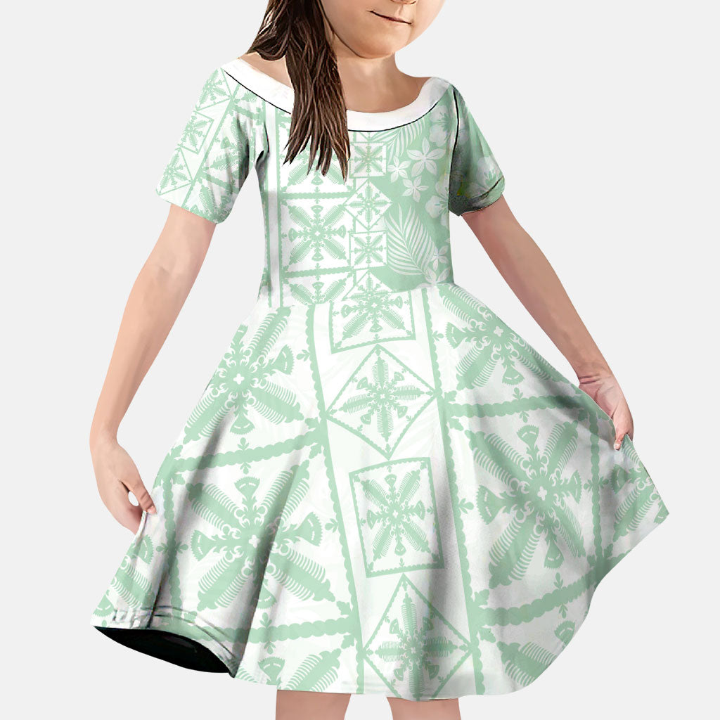 Pastel Green Kahili Quilt Hawaii Family Matching Off The Shoulder Long Sleeve Dress and Hawaiian Shirt Tropical Flower Seamless Half Style LT14 Daughter's Dress Green - Polynesian Pride