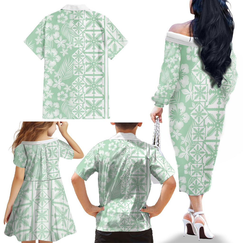 Pastel Green Kahili Quilt Hawaii Family Matching Off The Shoulder Long Sleeve Dress and Hawaiian Shirt Tropical Flower Seamless Half Style LT14 - Polynesian Pride