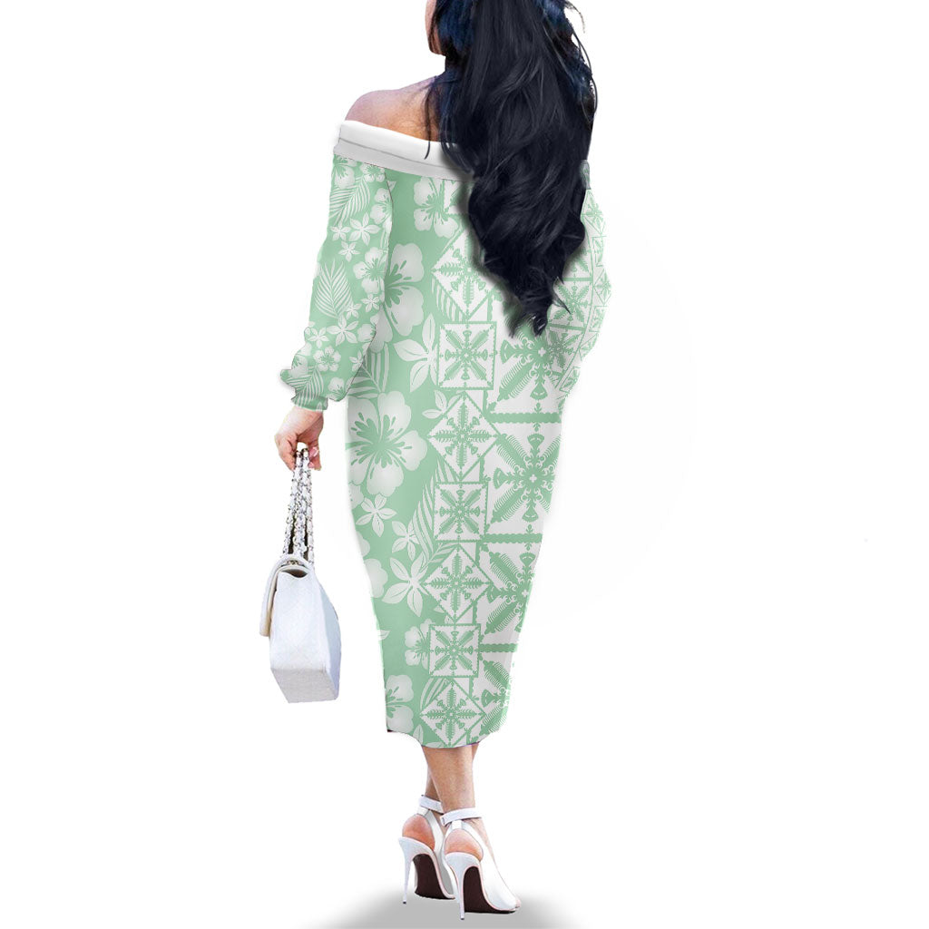 Pastel Green Kahili Quilt Hawaii Family Matching Off The Shoulder Long Sleeve Dress and Hawaiian Shirt Tropical Flower Seamless Half Style LT14 - Polynesian Pride