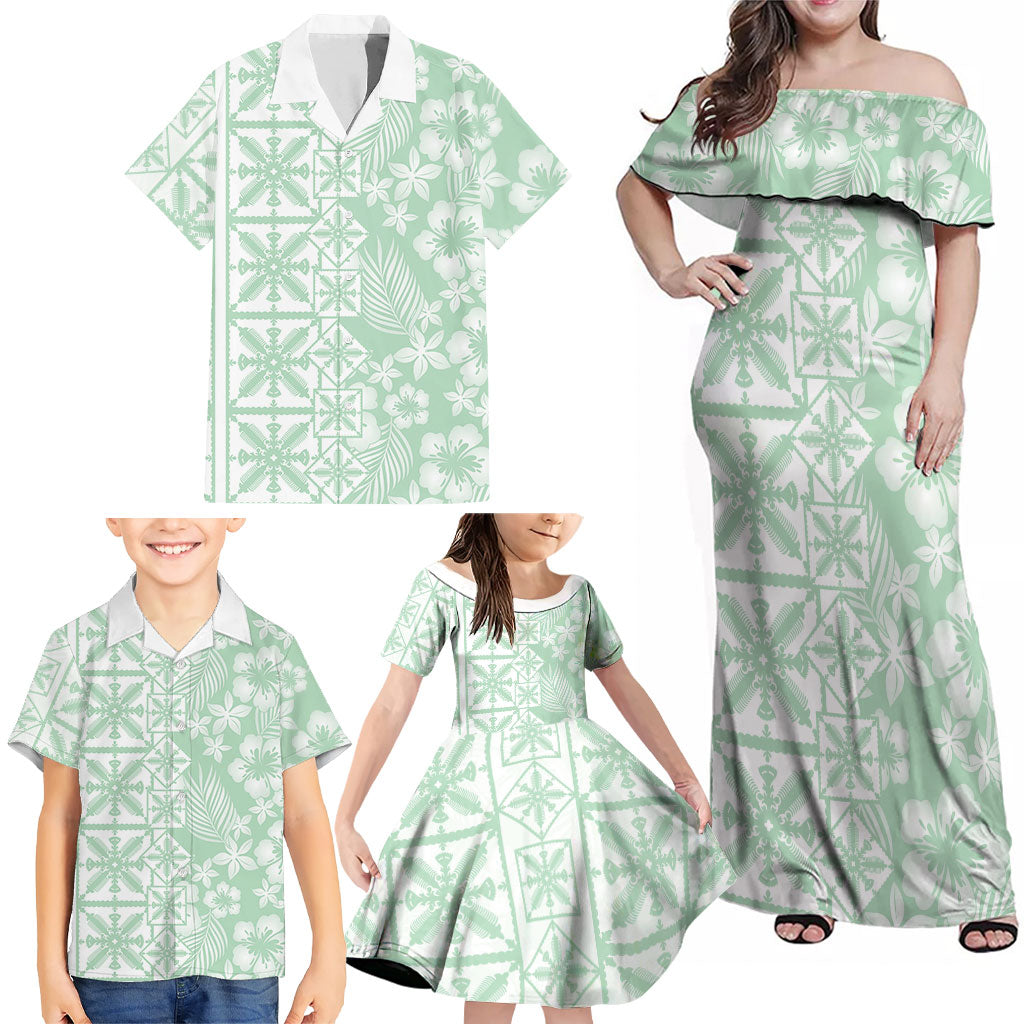 Pastel Green Kahili Quilt Hawaii Family Matching Off Shoulder Maxi Dress and Hawaiian Shirt Tropical Flower Seamless Half Style LT14 - Polynesian Pride