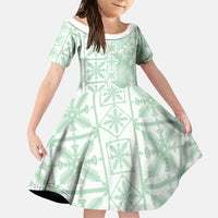 Pastel Green Kahili Quilt Hawaii Family Matching Off Shoulder Short Dress and Hawaiian Shirt Tropical Flower Seamless Half Style LT14 Daughter's Dress Green - Polynesian Pride