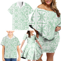 Pastel Green Kahili Quilt Hawaii Family Matching Off Shoulder Short Dress and Hawaiian Shirt Tropical Flower Seamless Half Style LT14 - Polynesian Pride