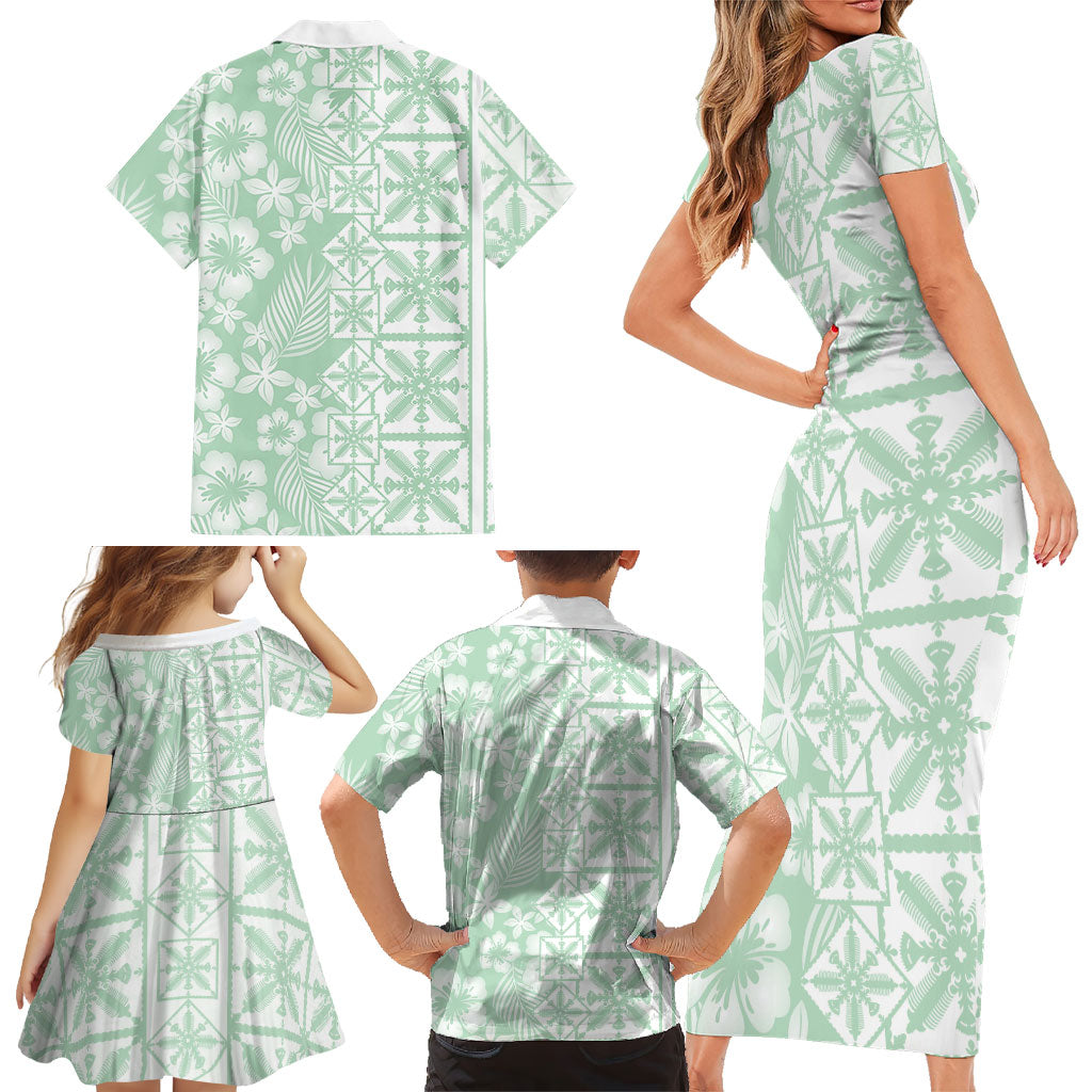 Pastel Green Kahili Quilt Hawaii Family Matching Short Sleeve Bodycon Dress and Hawaiian Shirt Tropical Flower Seamless Half Style LT14 - Polynesian Pride