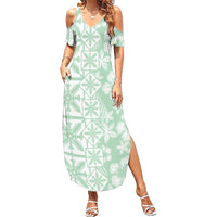 Pastel Green Kahili Quilt Hawaii Family Matching Summer Maxi Dress and Hawaiian Shirt Tropical Flower Seamless Half Style LT14 Mom's Dress Green - Polynesian Pride