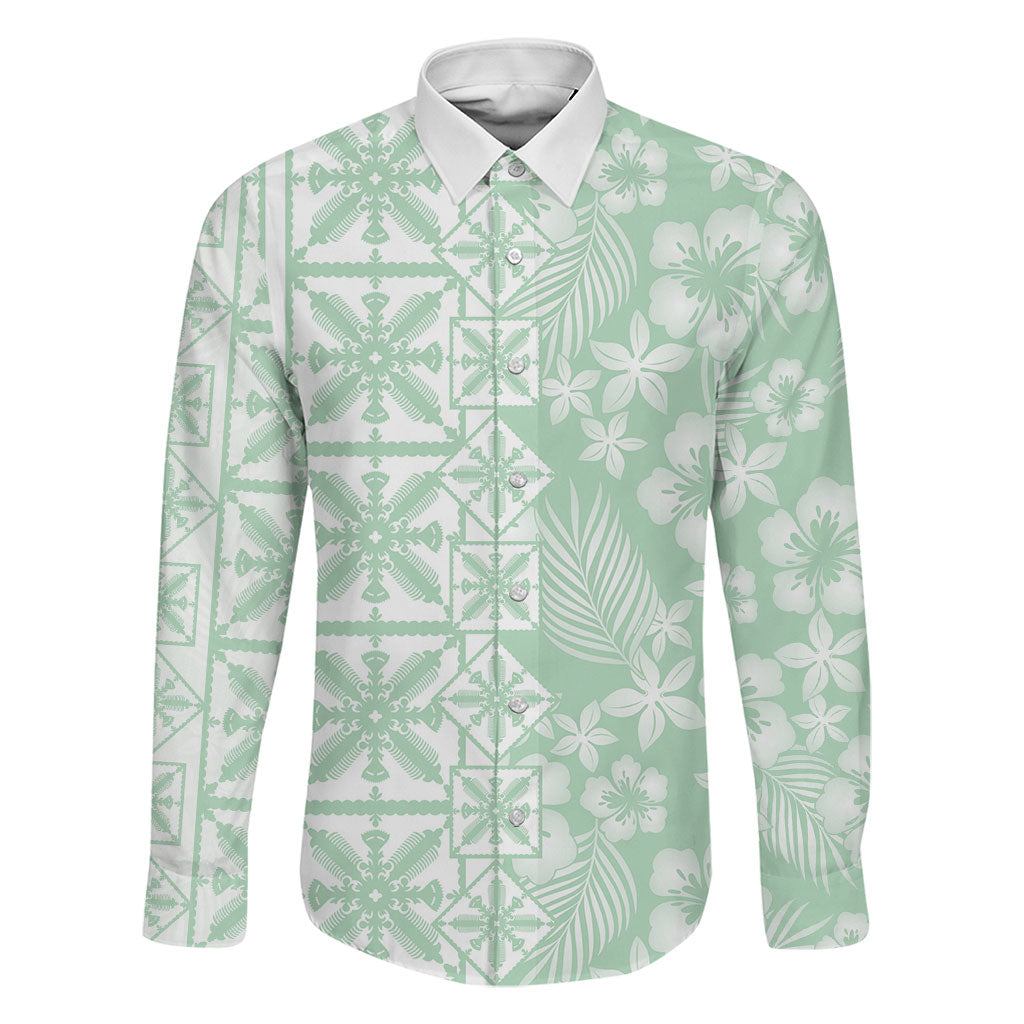 Pastel Green Kahili Quilt Hawaii Family Matching Tank Maxi Dress and Hawaiian Shirt Tropical Flower Seamless Half Style LT14 Dad's Shirt - Long Sleeve Green - Polynesian Pride