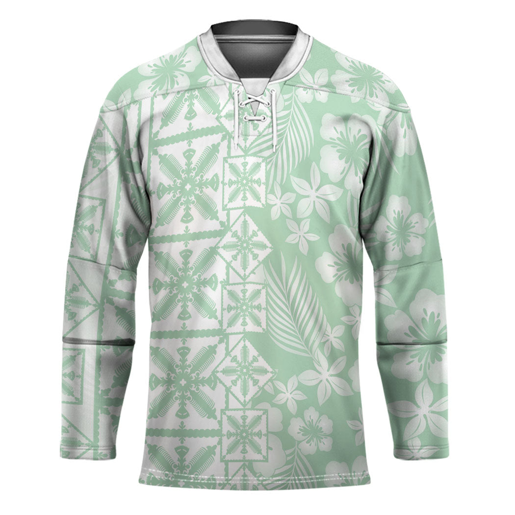 Pastel Green Kahili Quilt Hawaii Hockey Jersey Tropical Flower Seamless Half Style LT14 Unisex Green - Polynesian Pride