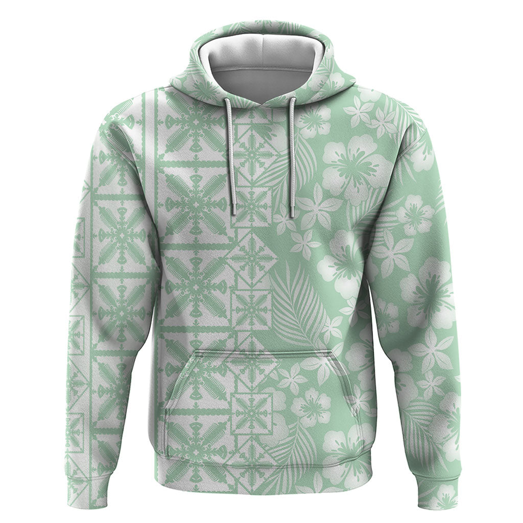 Pastel Green Kahili Quilt Hawaii Hoodie Tropical Flower Seamless Half Style LT14 Pullover Hoodie Green - Polynesian Pride