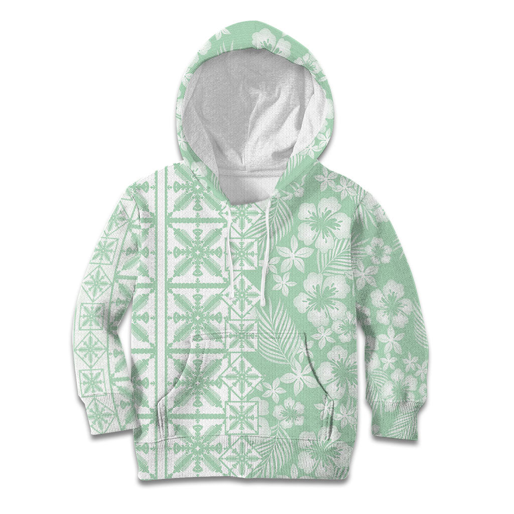 Pastel Green Kahili Quilt Hawaii Kid Hoodie Tropical Flower Seamless Half Style