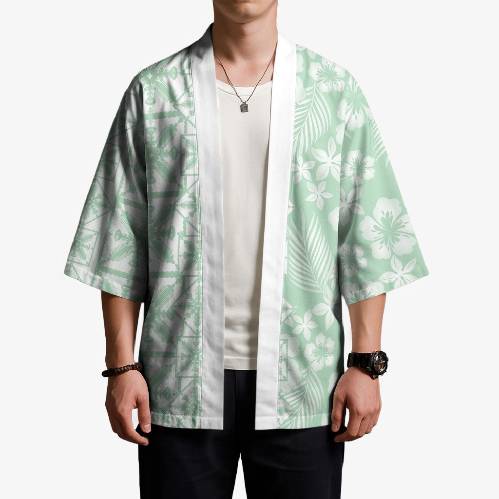 Pastel Green Kahili Quilt Hawaii Kimono Tropical Flower Seamless Half Style