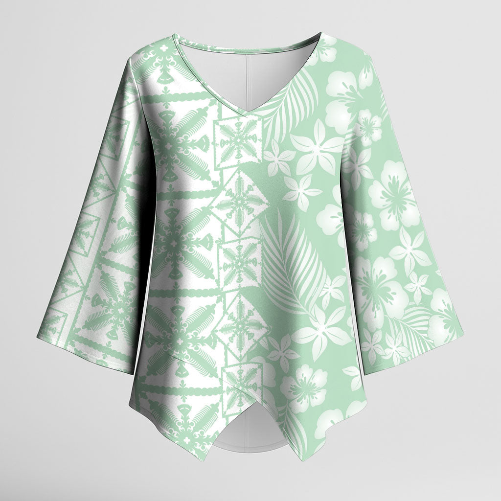 Pastel Green Kahili Quilt Hawaii Kimono Sleeve Blouse Tropical Flower Seamless Half Style LT14 Female Green - Polynesian Pride