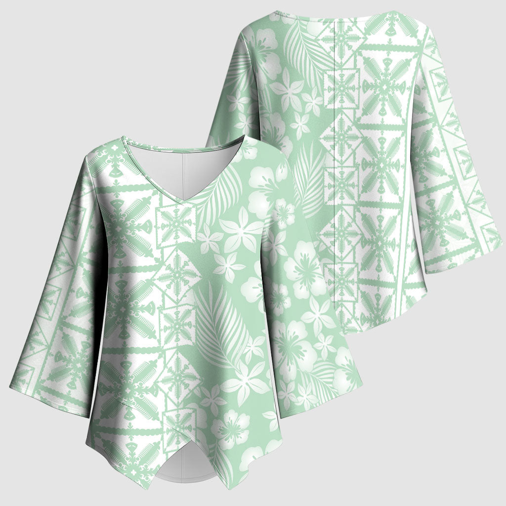 Pastel Green Kahili Quilt Hawaii Kimono Sleeve Blouse Tropical Flower Seamless Half Style
