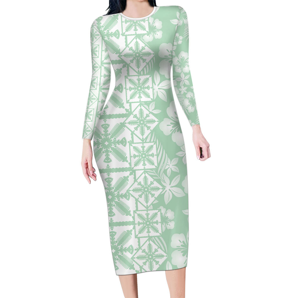 Pastel Green Kahili Quilt Hawaii Long Sleeve Bodycon Dress Tropical Flower Seamless Half Style