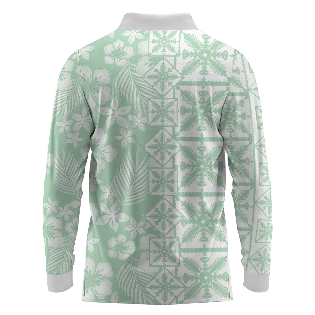 Pastel Green Kahili Quilt Hawaii Long Sleeve Polo Shirt Tropical Flower Seamless Half Style