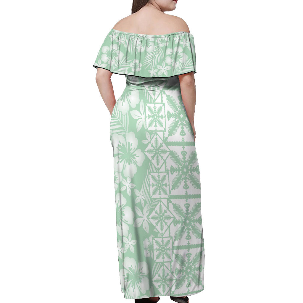 Pastel Green Kahili Quilt Hawaii Off Shoulder Maxi Dress Tropical Flower Seamless Half Style