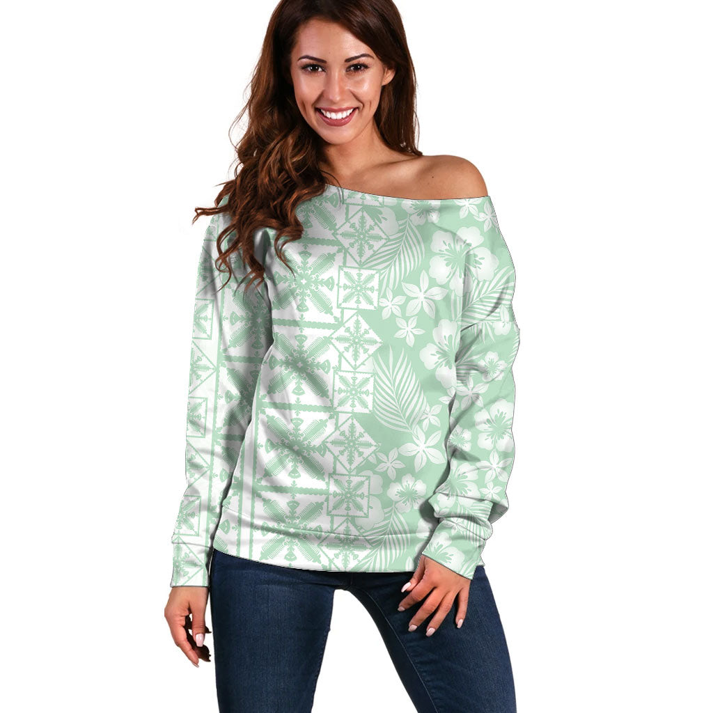 Pastel Green Kahili Quilt Hawaii Off Shoulder Sweater Tropical Flower Seamless Half Style LT14 Women Green - Polynesian Pride