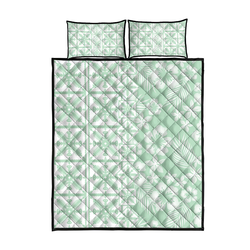 Pastel Green Kahili Quilt Hawaii Quilt Bed Set Tropical Flower Seamless Half Style