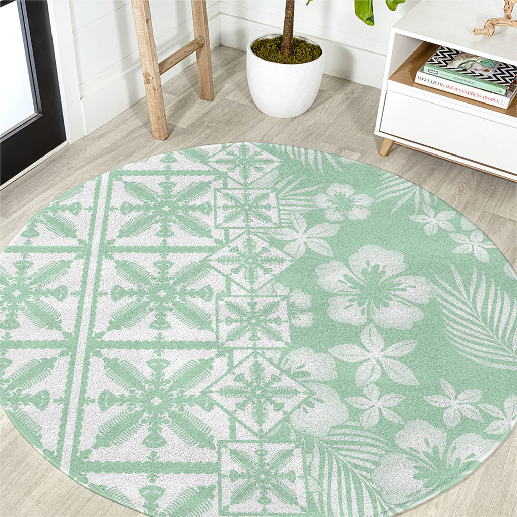 Pastel Green Kahili Quilt Hawaii Round Carpet Tropical Flower Seamless Half Style
