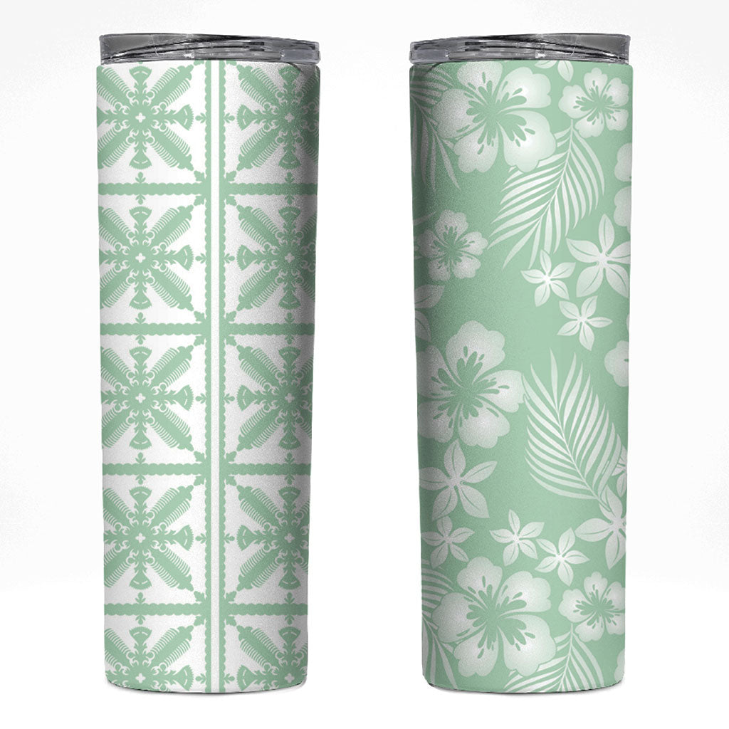 Pastel Green Kahili Quilt Hawaii Skinny Tumbler Tropical Flower Seamless Half Style LT14 Green - Polynesian Pride