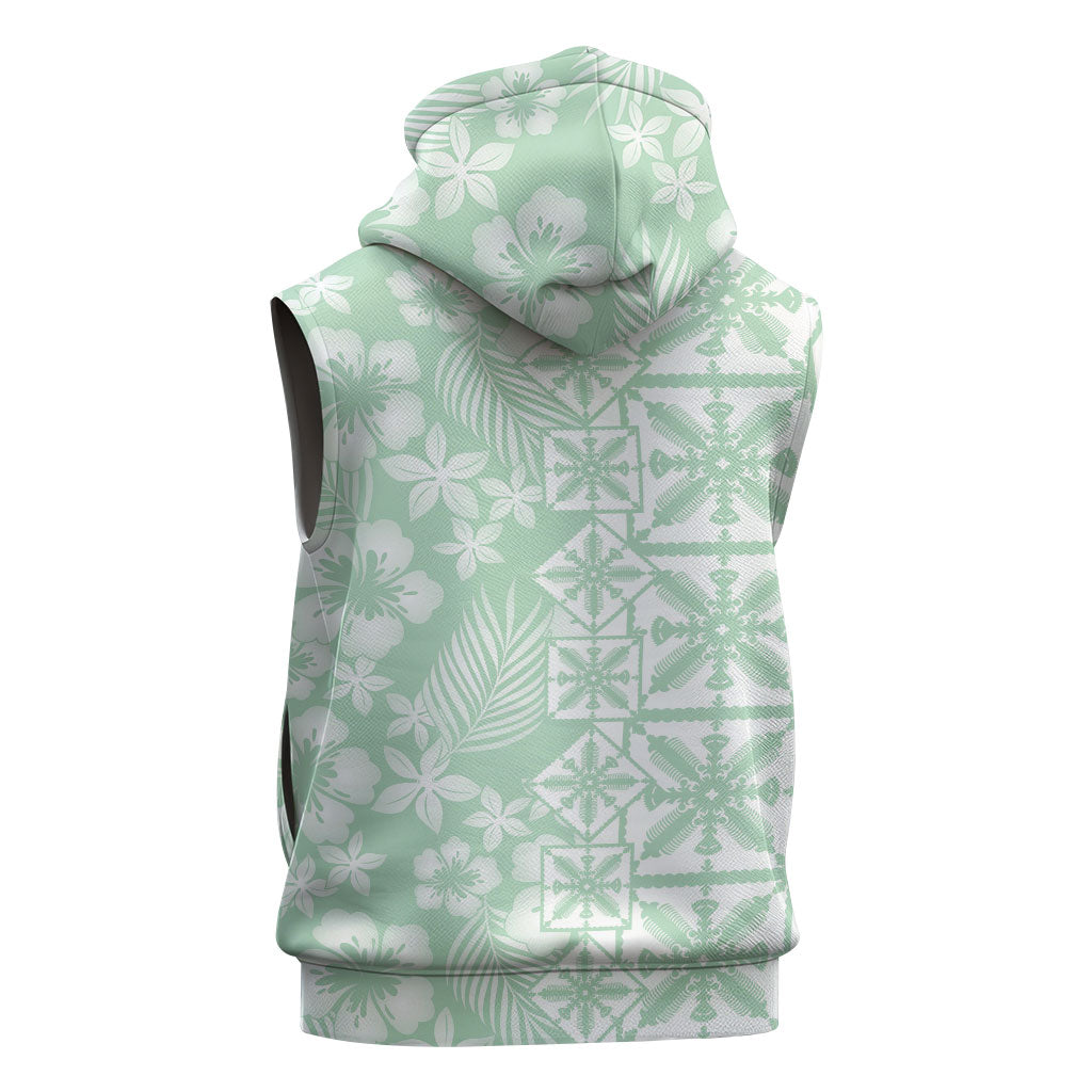 Pastel Green Kahili Quilt Hawaii Sleeveless Hoodie Tropical Flower Seamless Half Style