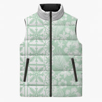 Pastel Green Kahili Quilt Hawaii Sleeveless Puffer Jacket Tropical Flower Seamless Half Style