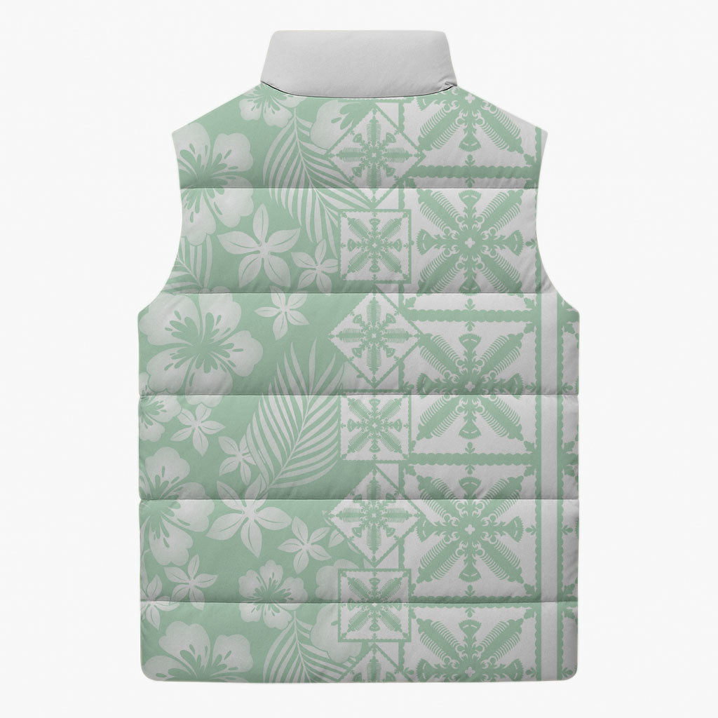 Pastel Green Kahili Quilt Hawaii Sleeveless Puffer Jacket Tropical Flower Seamless Half Style