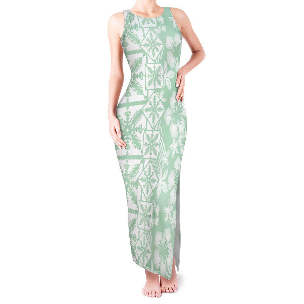 Pastel Green Kahili Quilt Hawaii Tank Maxi Dress Tropical Flower Seamless Half Style