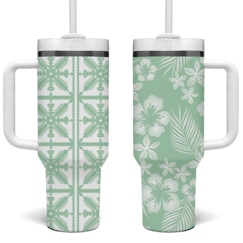 Pastel Green Kahili Quilt Hawaii Tumbler With Handle Tropical Flower Seamless Half Style LT14 One Size: 40 oz Green - Polynesian Pride