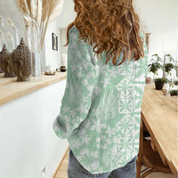 Pastel Green Kahili Quilt Hawaii Women Casual Shirt Tropical Flower Seamless Half Style