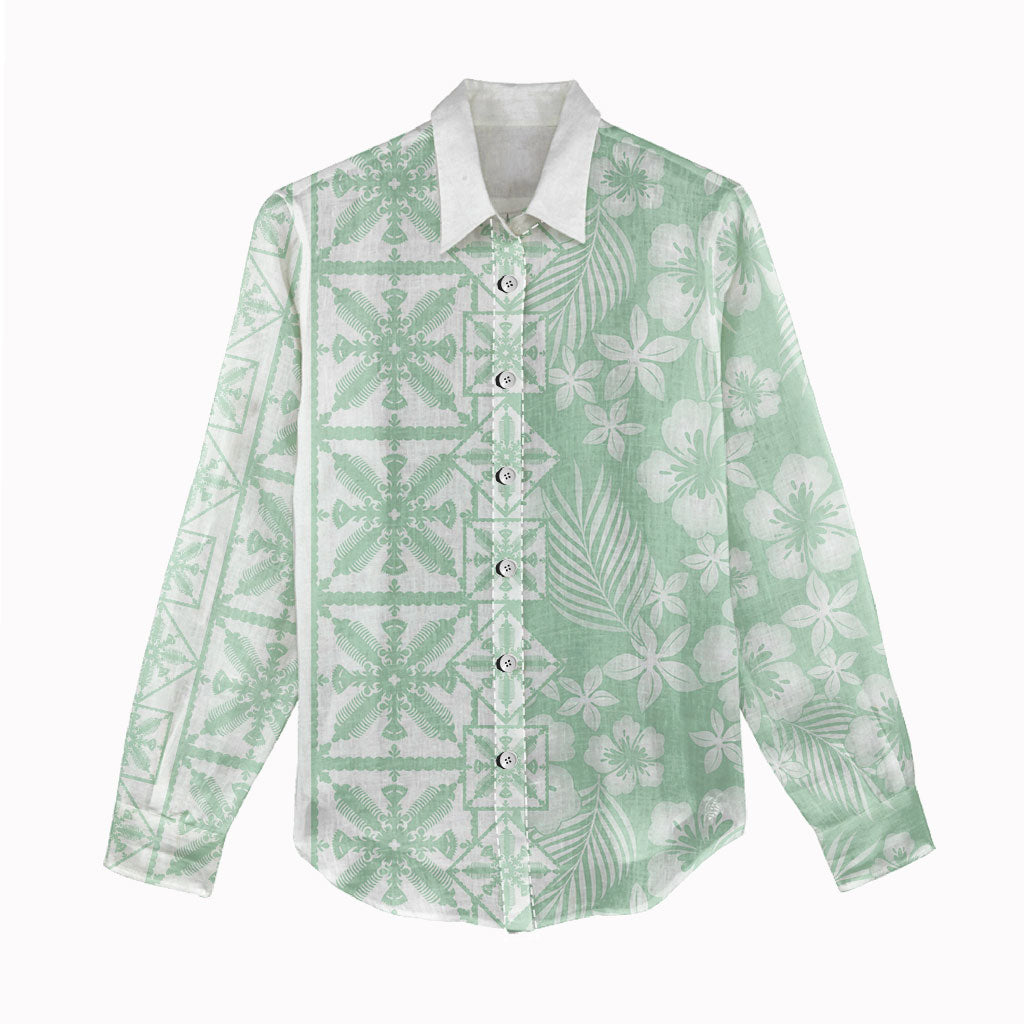 Pastel Green Kahili Quilt Hawaii Women Casual Shirt Tropical Flower Seamless Half Style