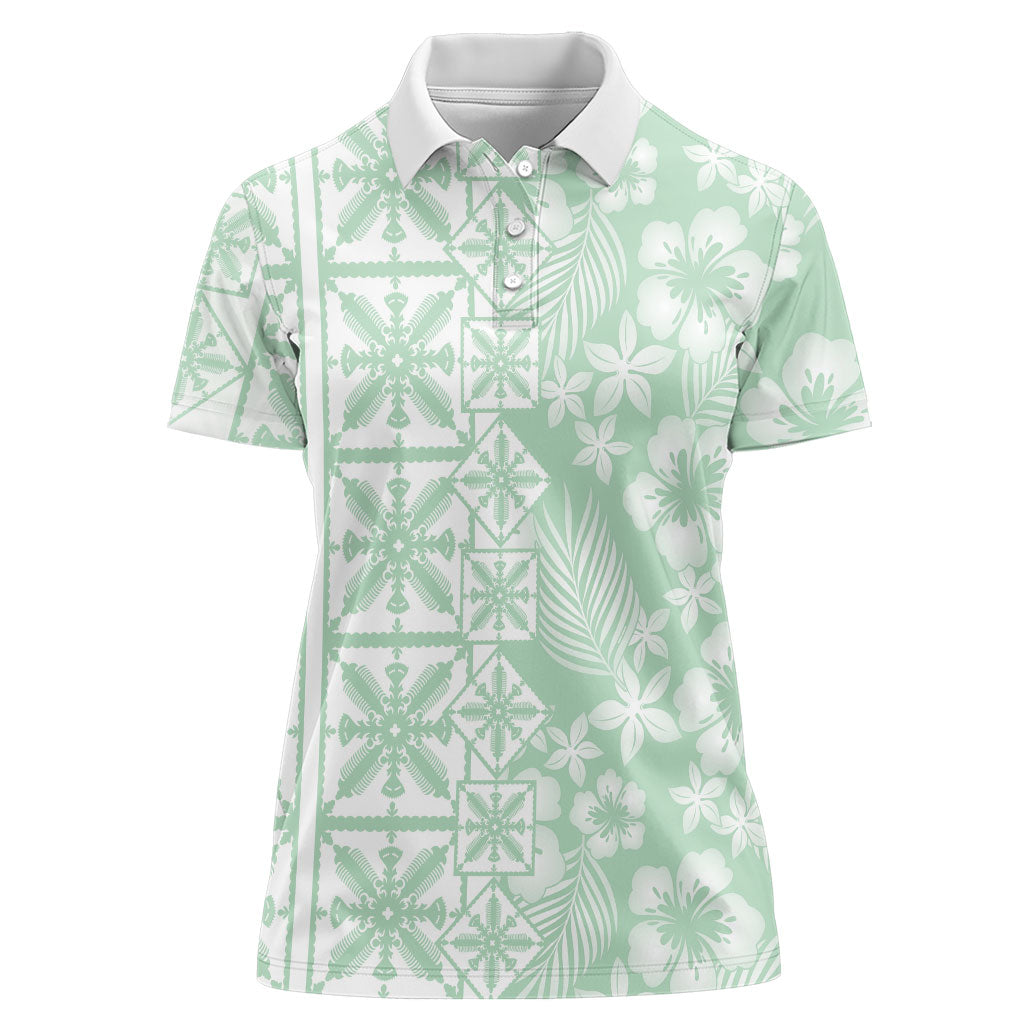 Pastel Green Kahili Quilt Hawaii Women Polo Shirt Tropical Flower Seamless Half Style