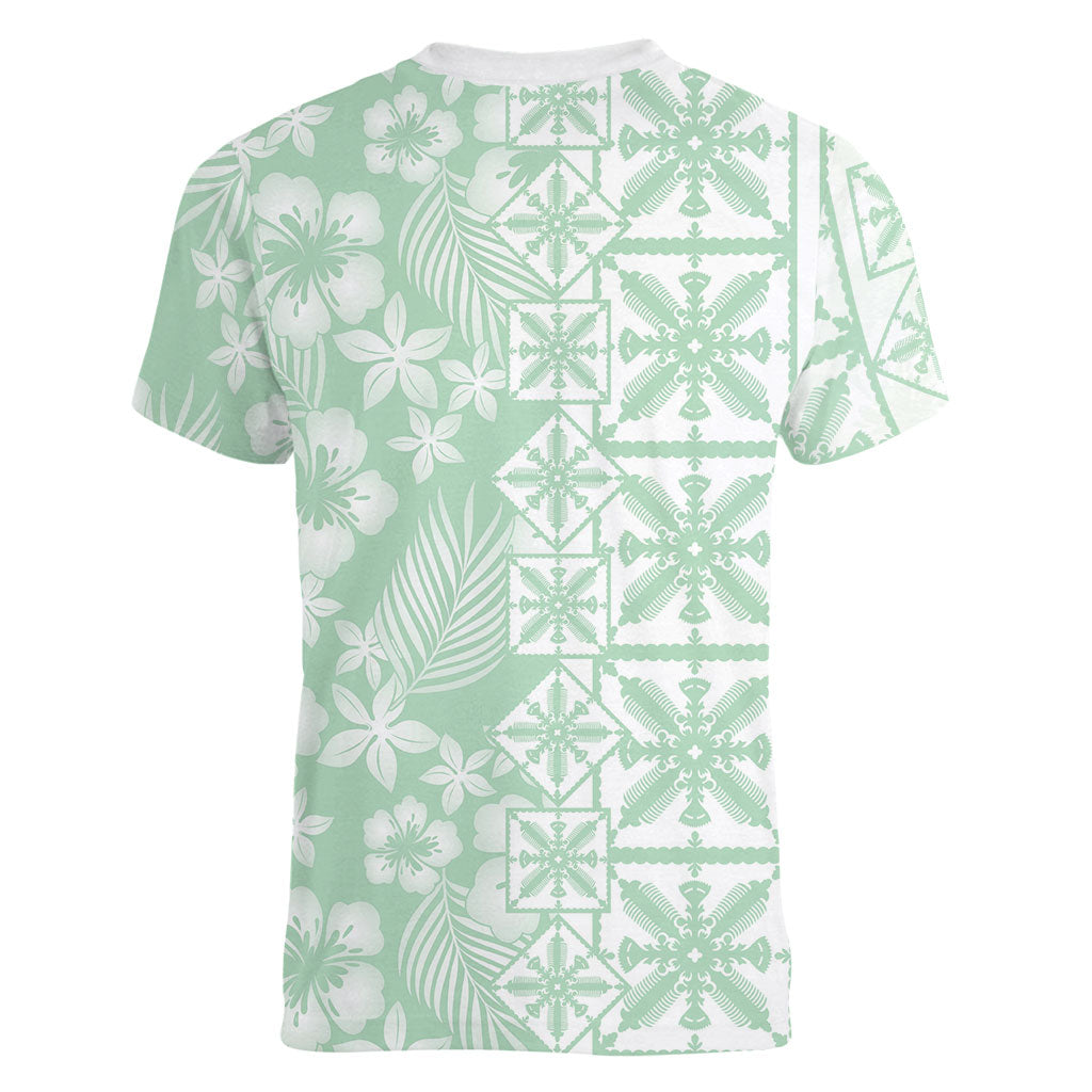 Pastel Green Kahili Quilt Hawaii Women V-Neck T-Shirt Tropical Flower Seamless Half Style