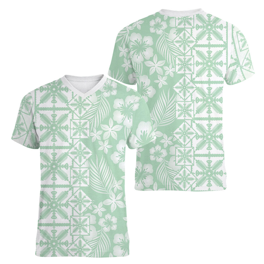 Pastel Green Kahili Quilt Hawaii Women V-Neck T-Shirt Tropical Flower Seamless Half Style