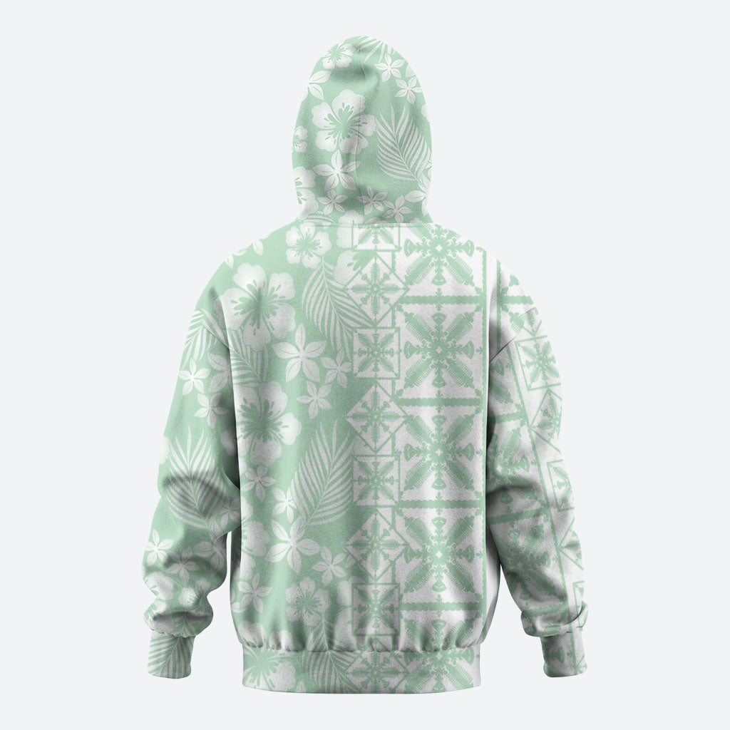 Pastel Green Kahili Quilt Hawaii Zip Hoodie Tropical Flower Seamless Half Style