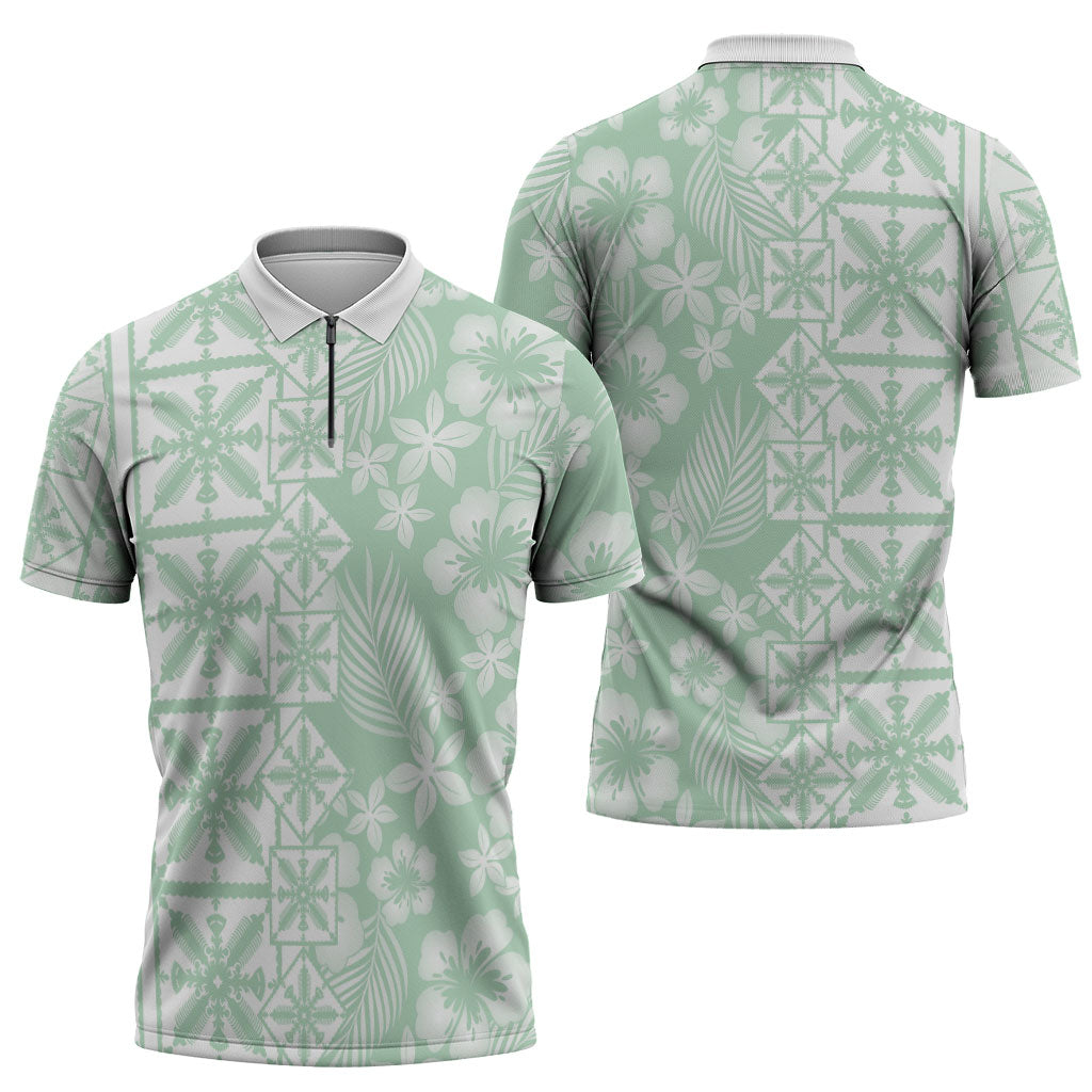 Pastel Green Kahili Quilt Hawaii Zipper Polo Shirt Tropical Flower Seamless Half Style