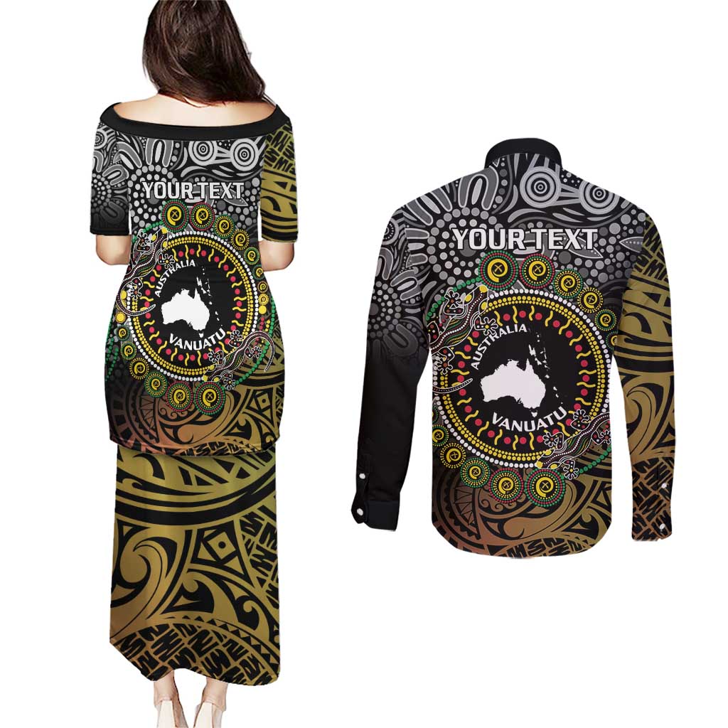 Personalised Australia And Vanuatu Couples Matching Puletasi and Long Sleeve Button Shirt Aboriginal Lizard Polynesia Ni-Van Pig Tusk