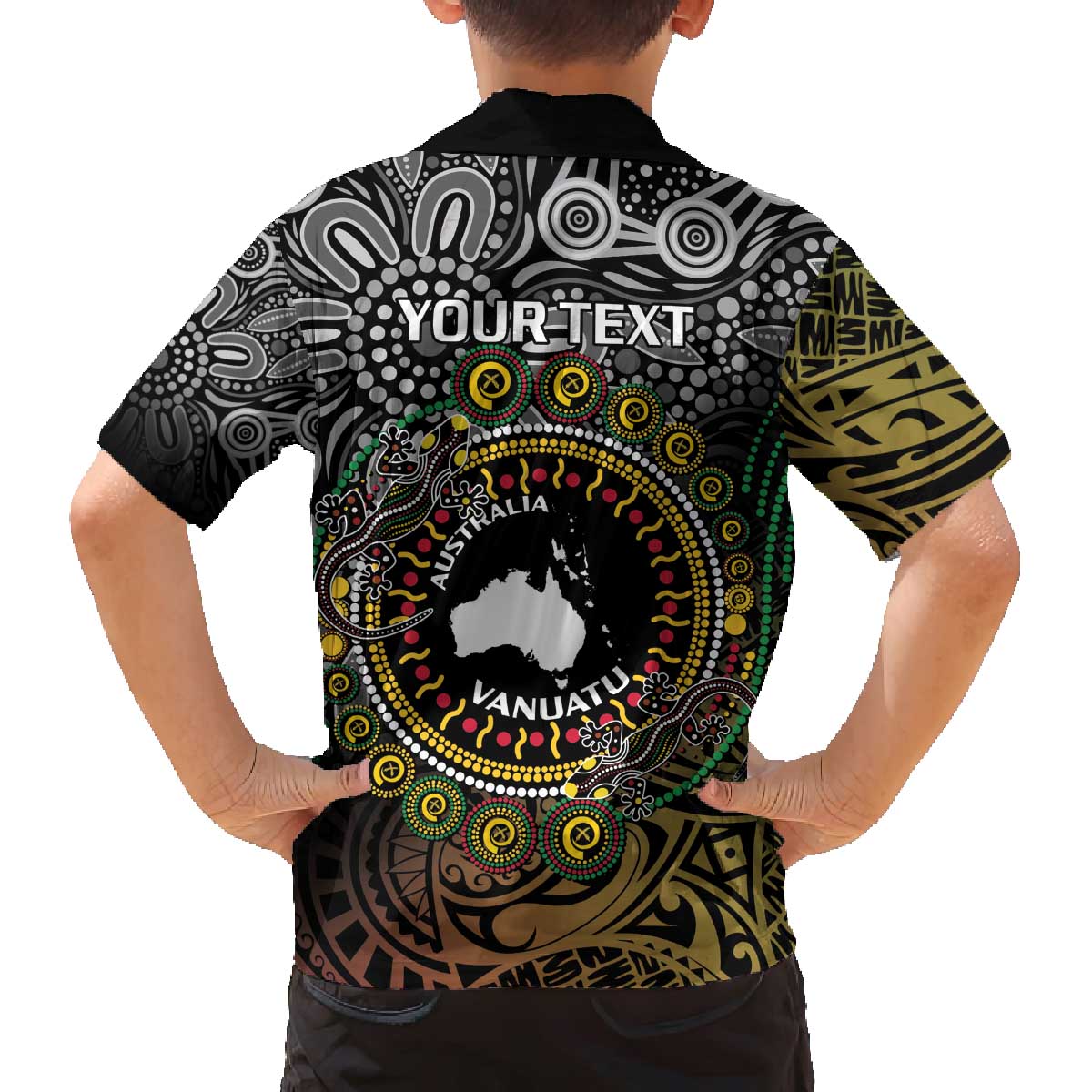 Personalised Australia And Vanuatu Family Matching Off The Shoulder Long Sleeve Dress and Hawaiian Shirt Aboriginal Lizard Polynesia Ni-Van Pig Tusk LT14 - Polynesian Pride