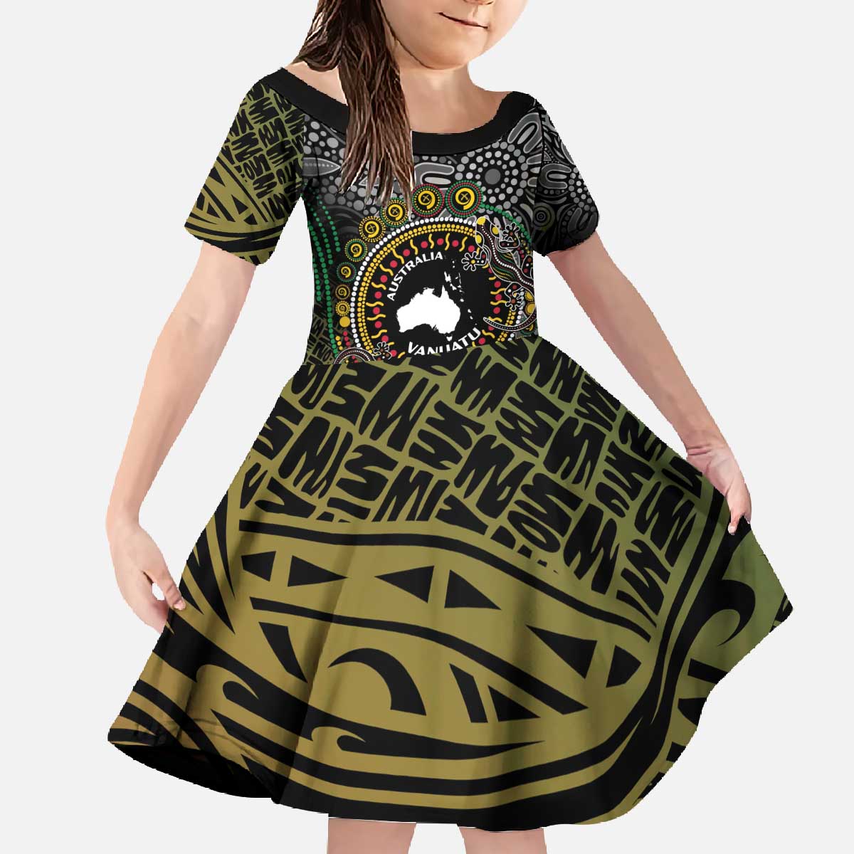 Personalised Australia And Vanuatu Family Matching Off The Shoulder Long Sleeve Dress and Hawaiian Shirt Aboriginal Lizard Polynesia Ni-Van Pig Tusk LT14 Daughter's Dress Black - Polynesian Pride