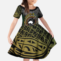 Personalised Australia And Vanuatu Family Matching Off The Shoulder Long Sleeve Dress and Hawaiian Shirt Aboriginal Lizard Polynesia Ni-Van Pig Tusk LT14 Daughter's Dress Black - Polynesian Pride