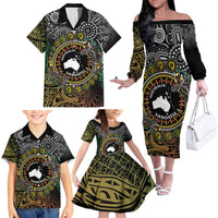 Personalised Australia And Vanuatu Family Matching Off The Shoulder Long Sleeve Dress and Hawaiian Shirt Aboriginal Lizard Polynesia Ni-Van Pig Tusk LT14 - Polynesian Pride