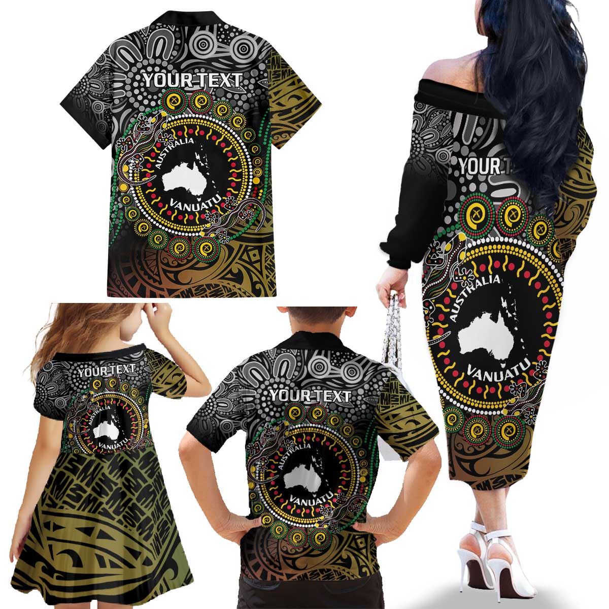 Personalised Australia And Vanuatu Family Matching Off The Shoulder Long Sleeve Dress and Hawaiian Shirt Aboriginal Lizard Polynesia Ni-Van Pig Tusk LT14 - Polynesian Pride