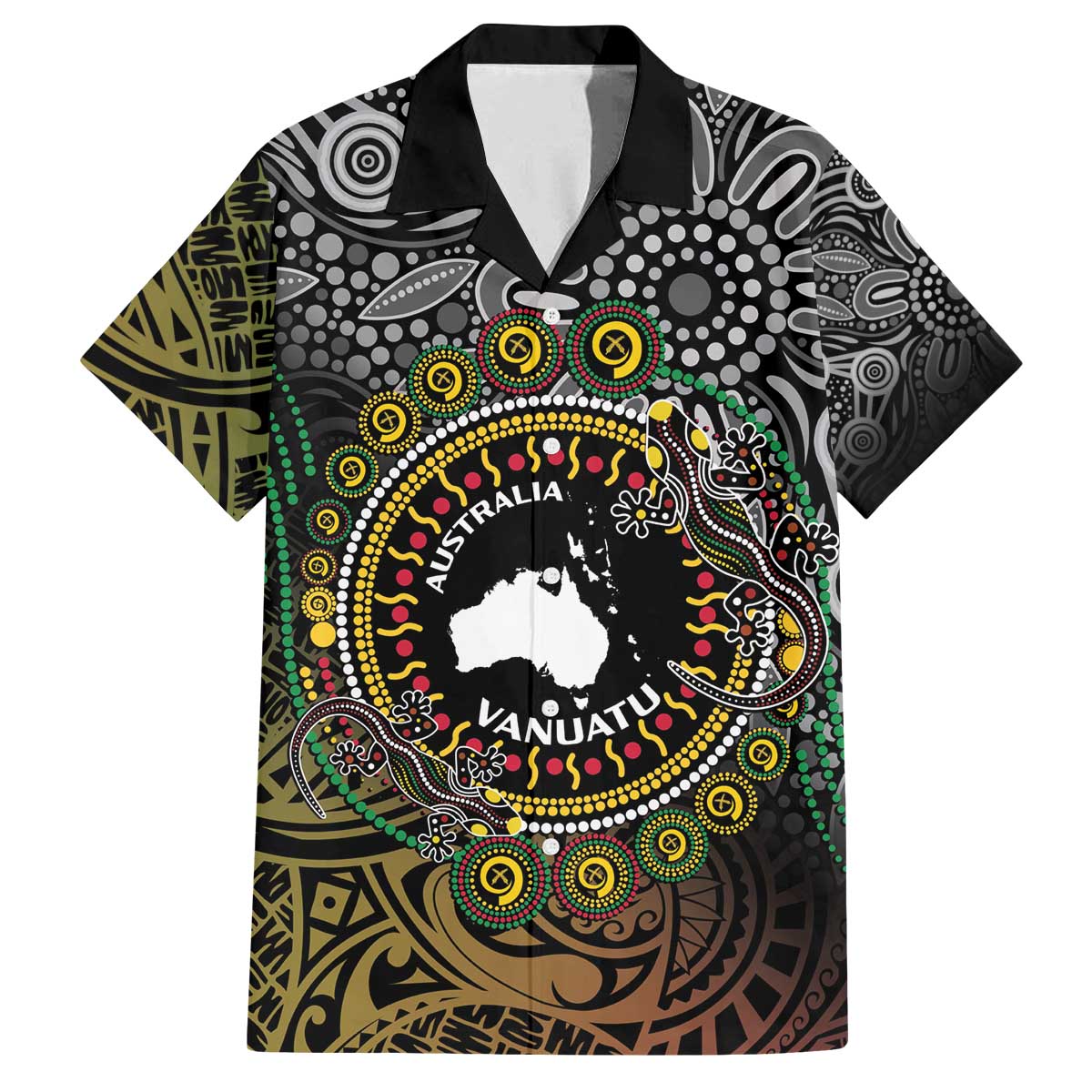 Personalised Australia And Vanuatu Family Matching Off The Shoulder Long Sleeve Dress and Hawaiian Shirt Aboriginal Lizard Polynesia Ni-Van Pig Tusk LT14 Dad's Shirt - Short Sleeve Black - Polynesian Pride